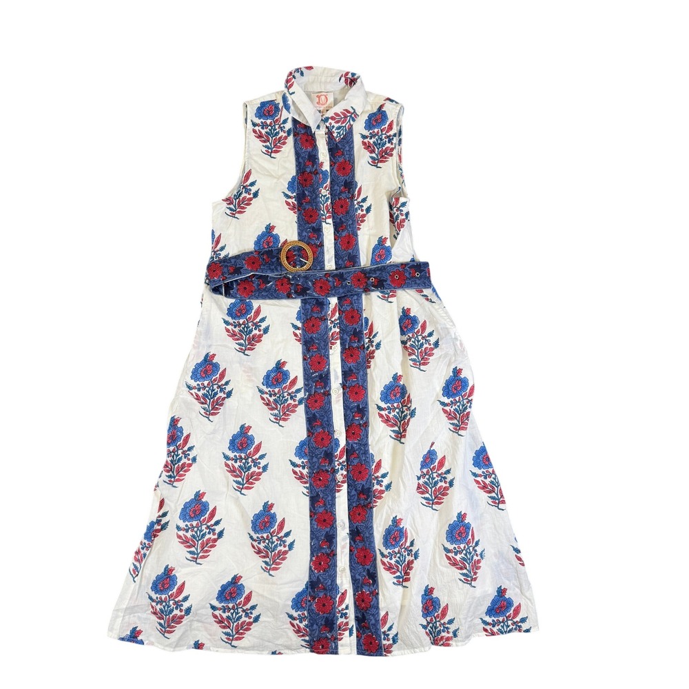 NWT Victoria Dunn Floral Block Print Sleeveless Cotton Midi Shirt Dress Red XL
